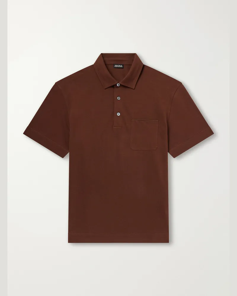 Ermenegildo Zegna Leather-Trimmed Cotton-Piqué Polo Shirt Brown