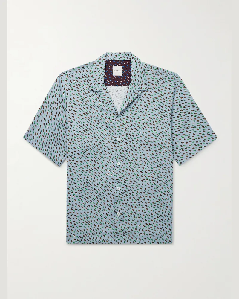 Paul Smith Convertible-Collar Printed Crepe de Chine Shirt Blue