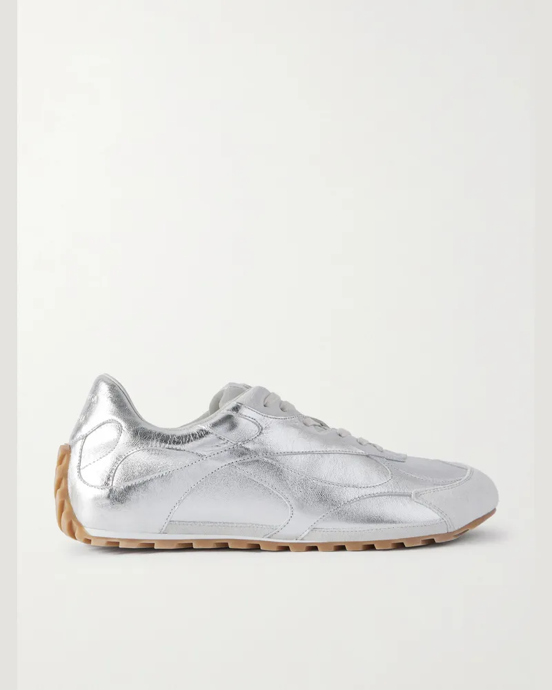 Bottega Veneta Orbit Flash Suede-Trimmed Metallic Leather Sneakers Silver