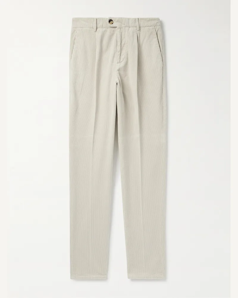 Brunello Cucinelli Straight-Leg Pleated Cotton-Corduroy Trousers Neutrals
