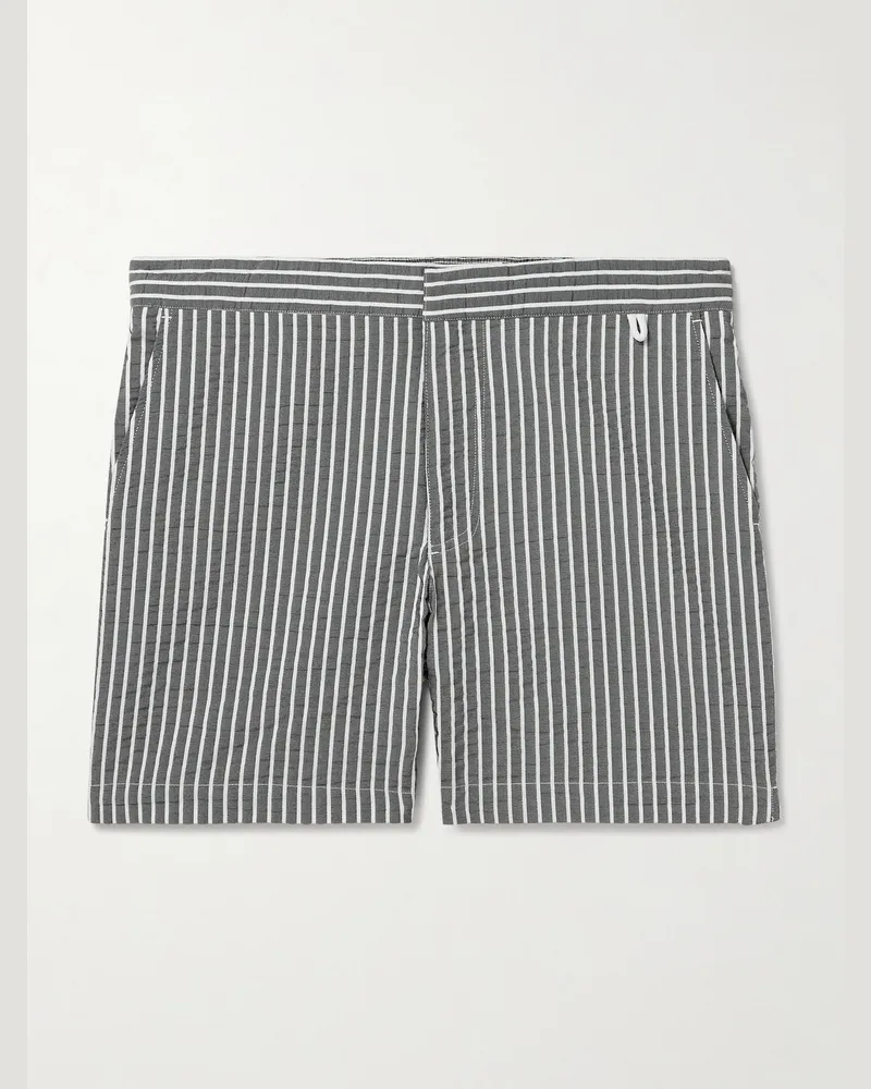 MR P. Gerade geschnittene mittellange Badeshorts aus gestreiftem Seersucker Schwarz