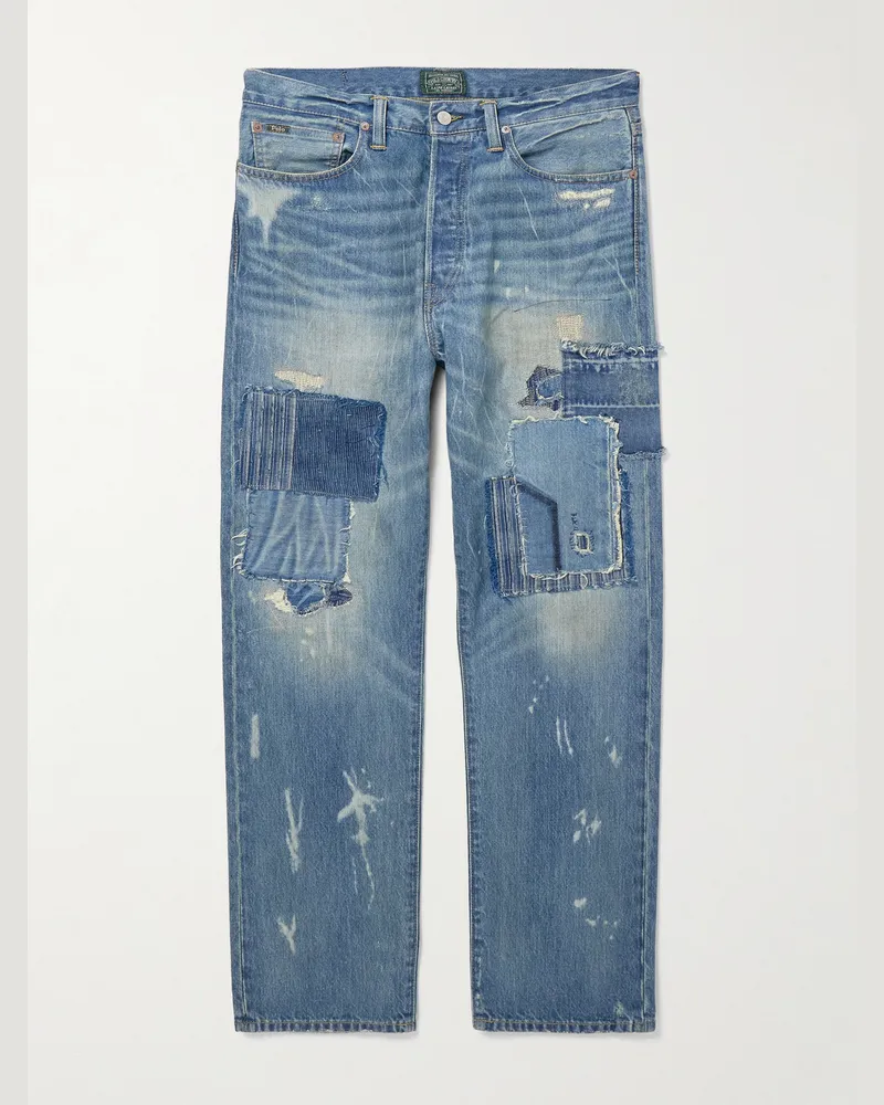 Ralph Lauren Polo Country Straight-Leg Distressed Patchwork Jeans Blue