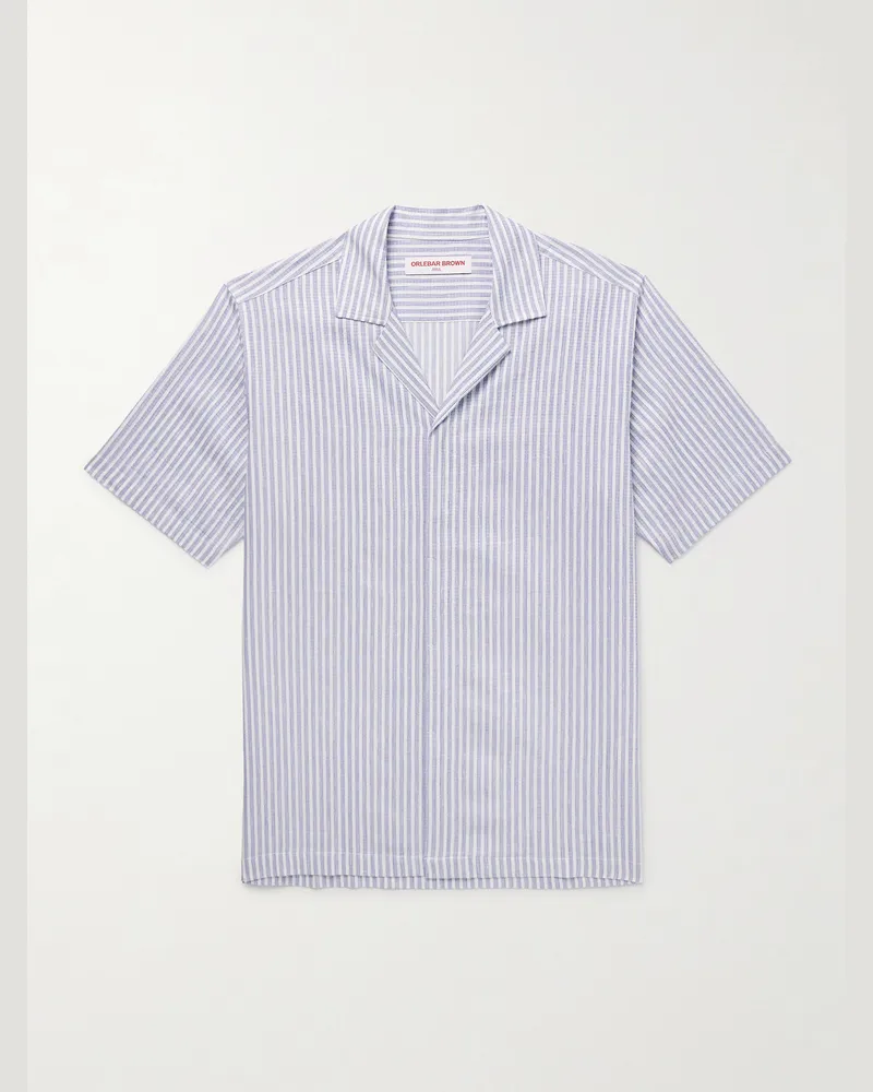 Orlebar Brown Maitan II Camp-Collar Striped Cotton and Linen-Blend Shirt Blue