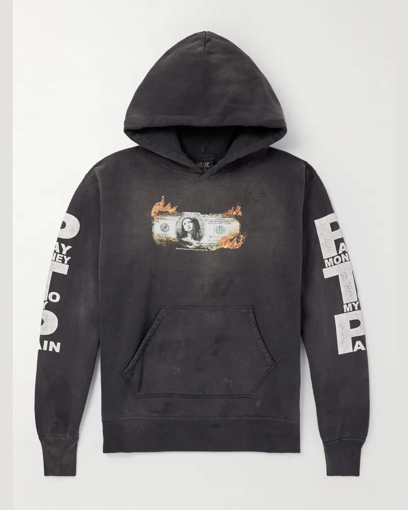 SAINT MXXXXXX Pay Money to My Pain Distressed Printed Cotton-Jersey Hoodie Black