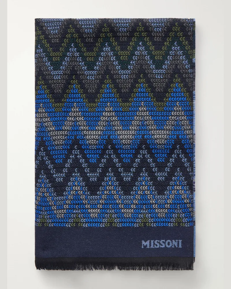 Missoni Striped Crochet-Knit Wool Scarf Blue