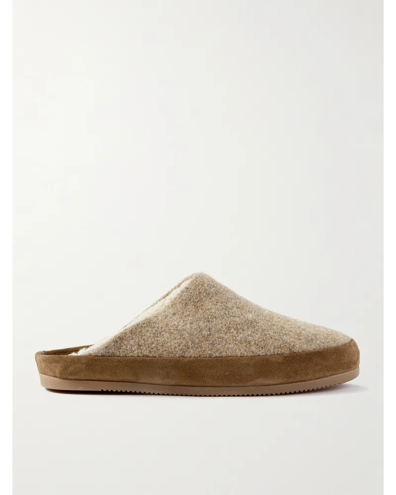 MULO Slippers aus recycelter Wolle mit Velourslederbesatz und Shearling-Futter Braun