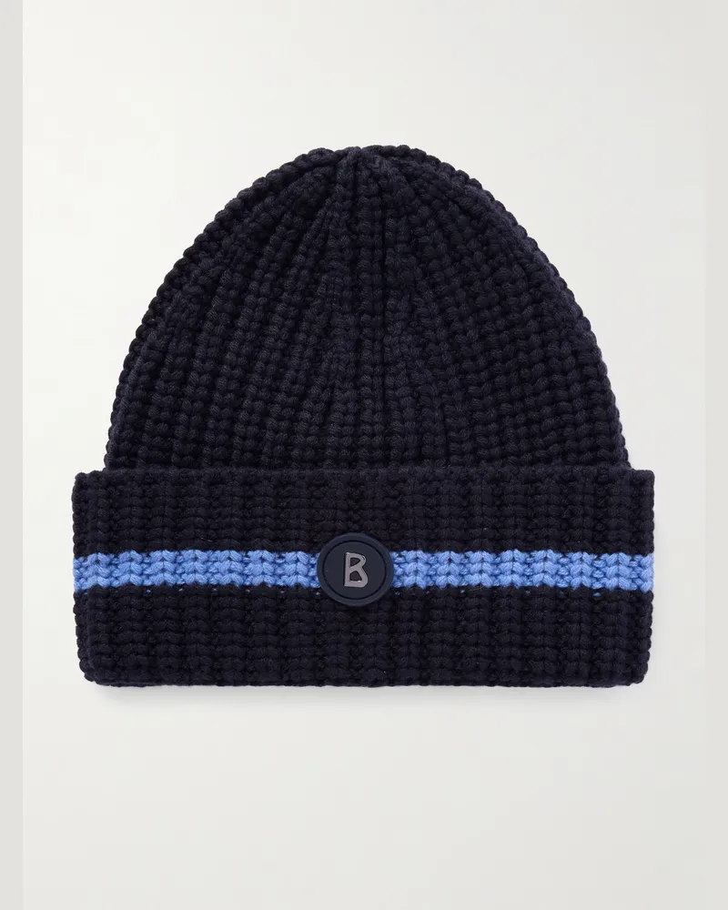 Bogner Kilian Ski-Beanie aus Kaschmir in Rippstrick mit Logoapplikation und Streifen Blau