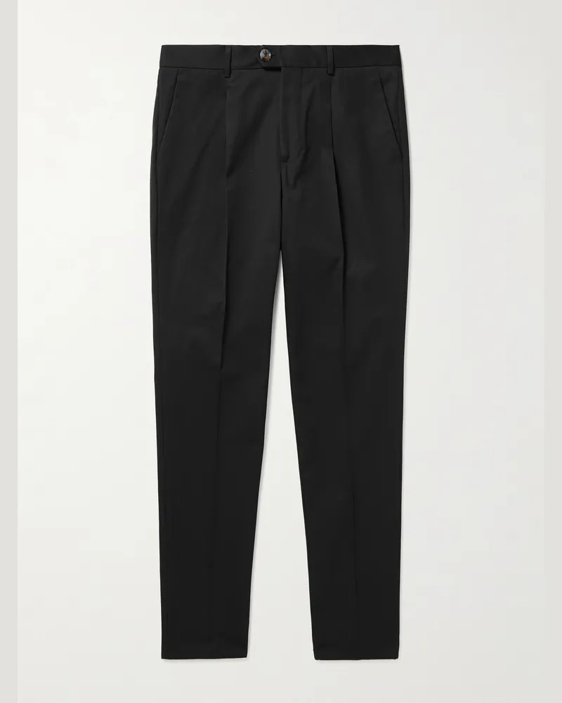 Brunello Cucinelli Schmal zulaufende Hose aus Baumwoll-Twill mit Falten Schwarz