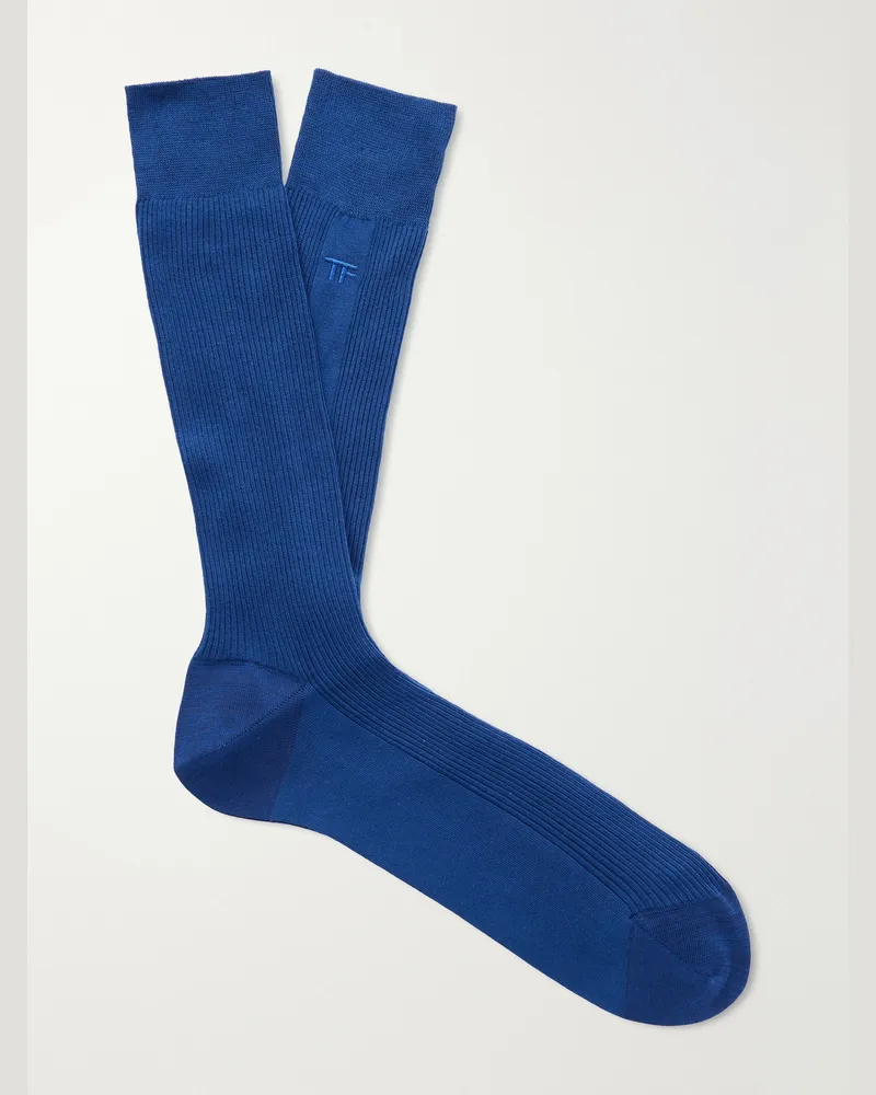 Tom Ford Logo-Embroidered Ribbed Cotton Socks Blue
