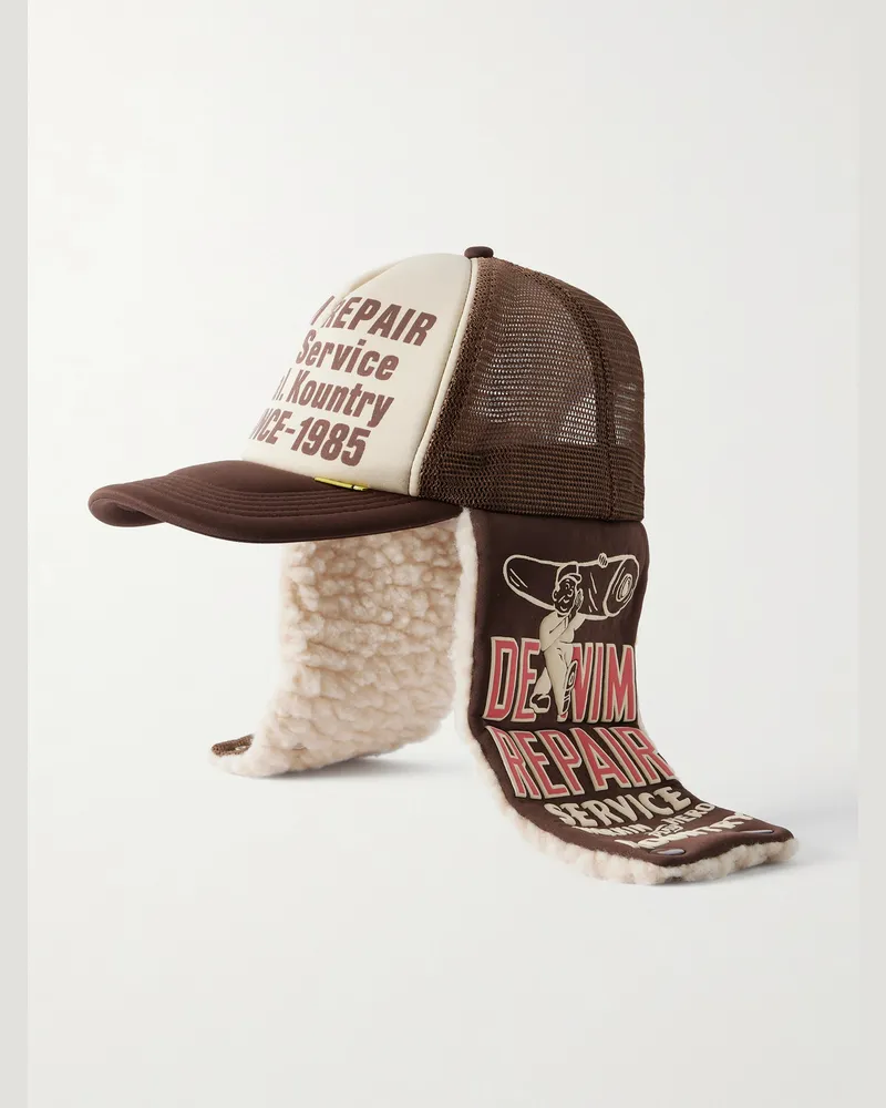 KAPITAL Denim Repair Service Fleece-Trimmed Printed Canvas and Mesh Trucker Cap Neutrals