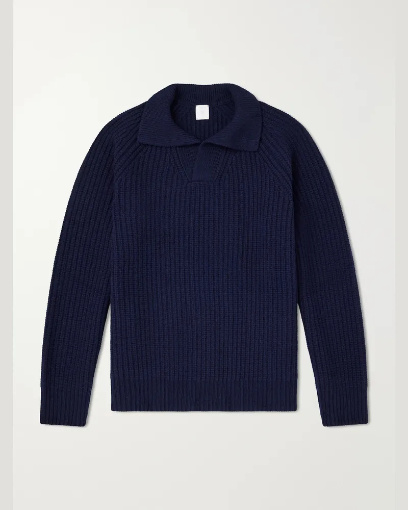 Eleventy Ribbed-Knit Wool and Cashmere-Blend Polo Shirt Blue