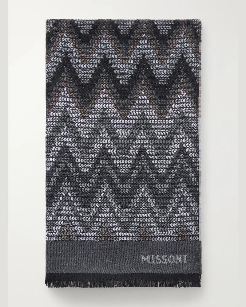 Missoni Striped Crochet-Knit Wool Scarf Gray