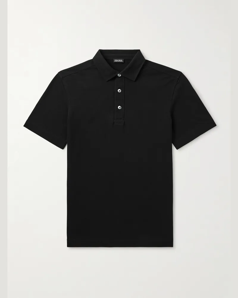 Ermenegildo Zegna Leather-Trimmed Cotton-Piqué Polo Shirt Black