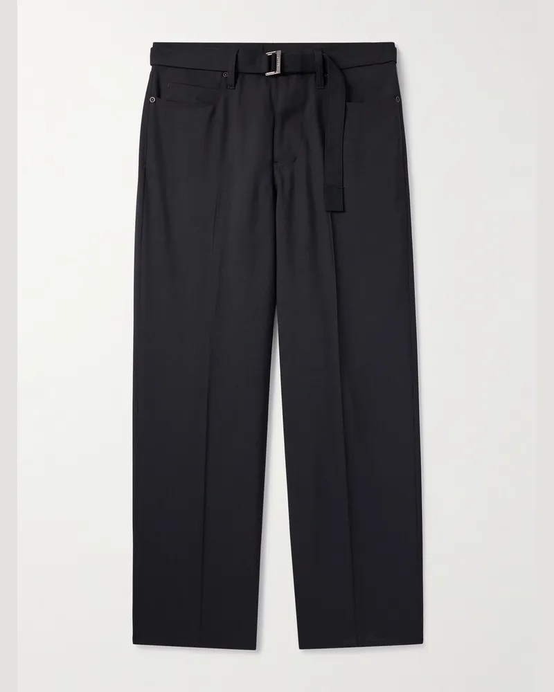 Sacai Gerade geschnittene Hose aus Grain de Poudre mit Gürtel Schwarz