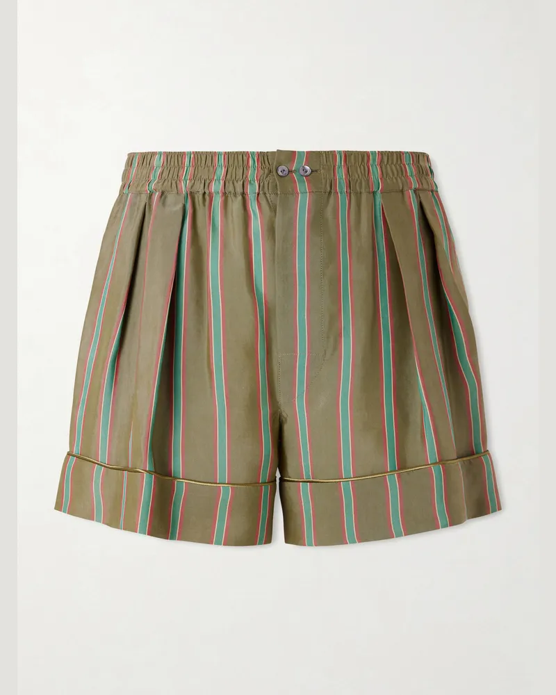 Saint Laurent Wide-Leg Piped Pleated Striped Recycled-Twill Shorts Green
