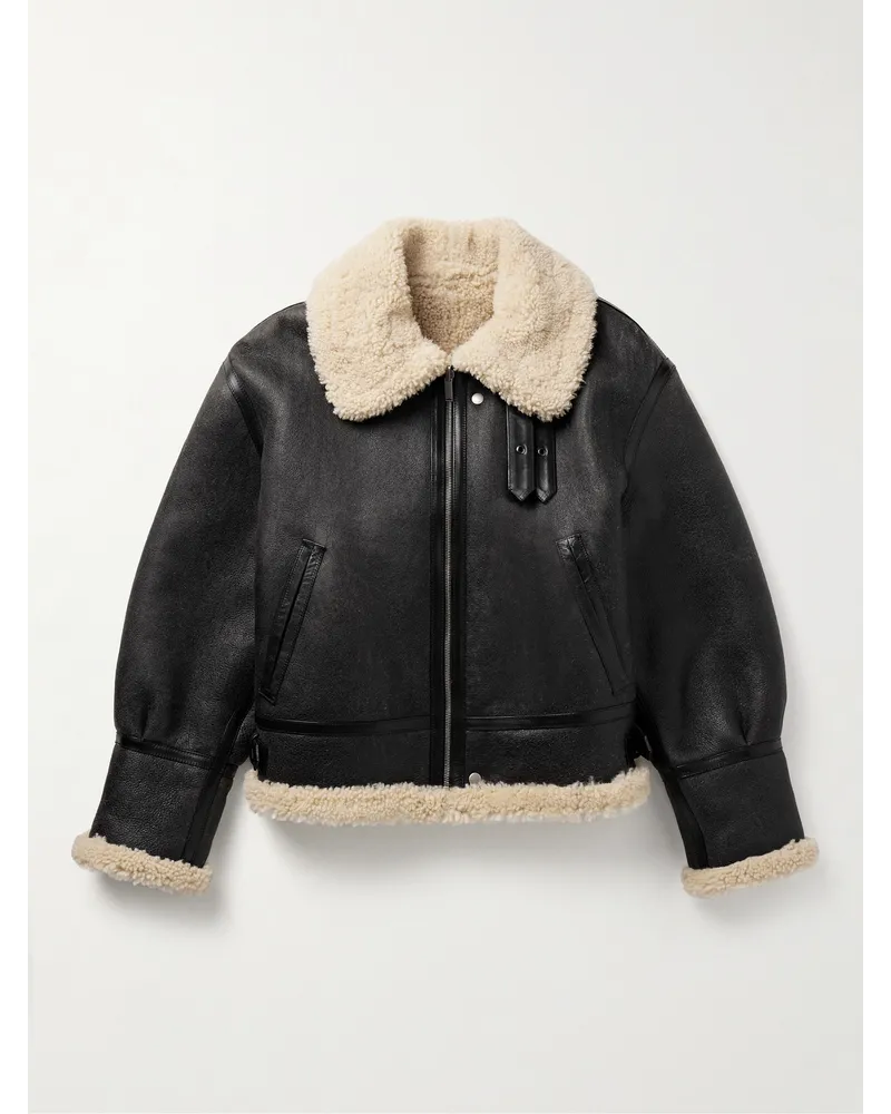 Saint Laurent Wendbare Pilotenjacke aus Shearling mit Lederbesatz Schwarz