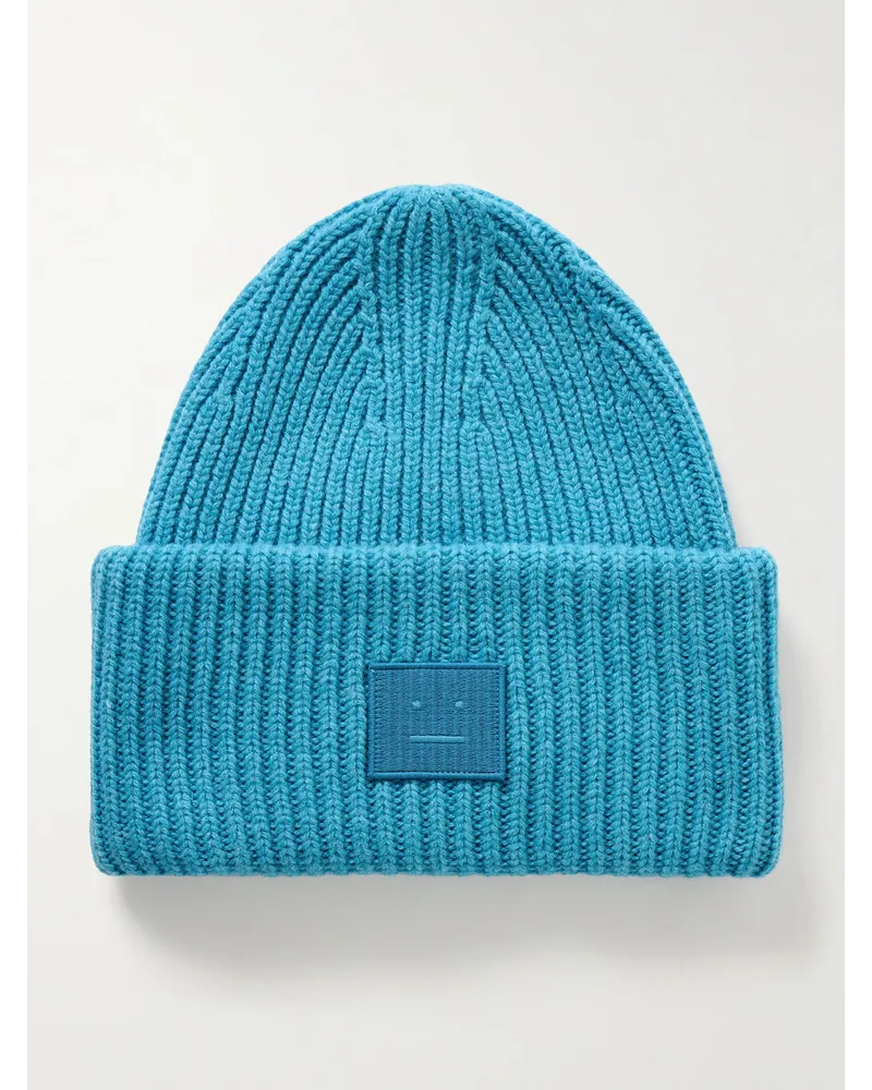 Acne Studios Beanie aus Wolle in Rippstrick mit Logoapplikation Blau