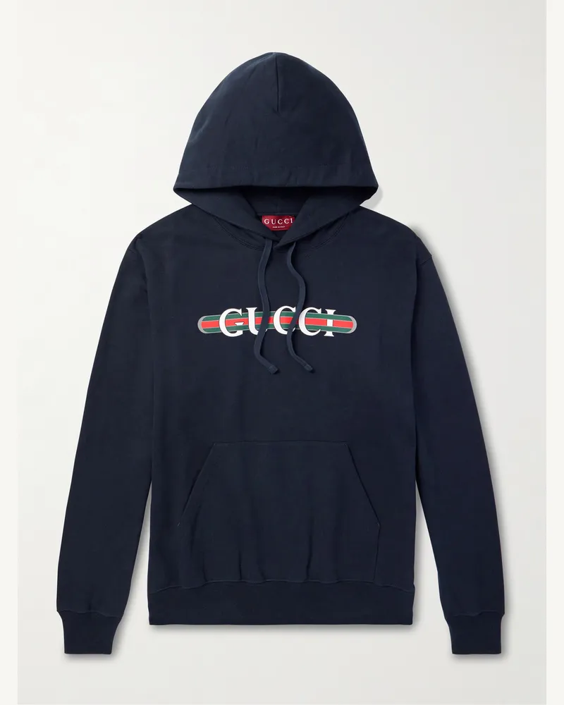 Gucci Logo-Print Cotton-Jersey Hoodie Blue
