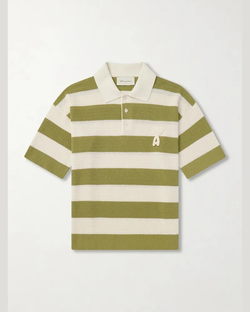 AMI Paris Logo-Embroidered Knitted Cotton Polo Shirt Green