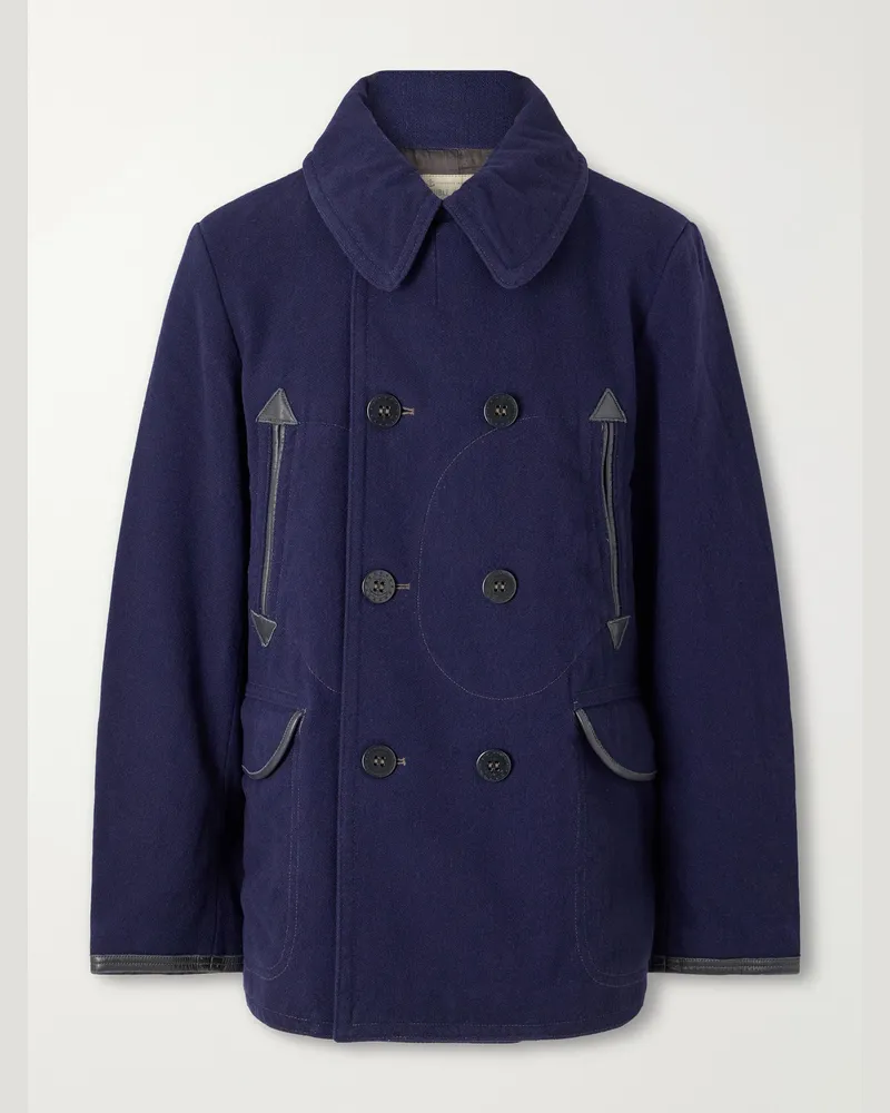 RRL Leather-Trimmed Wool-Blend Coat Blue