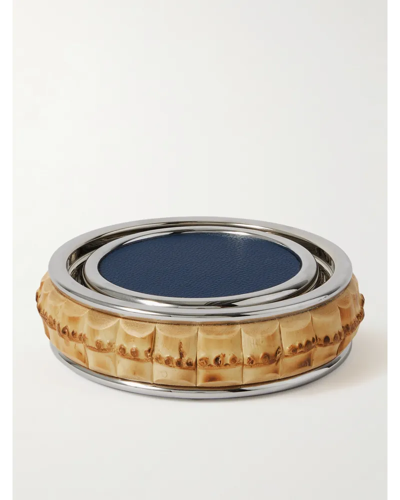 Lorenzi Milano Set aus sechs Untersetzern aus Bambusrohr und vollnarbigem Leder mit verchromten Details Silber