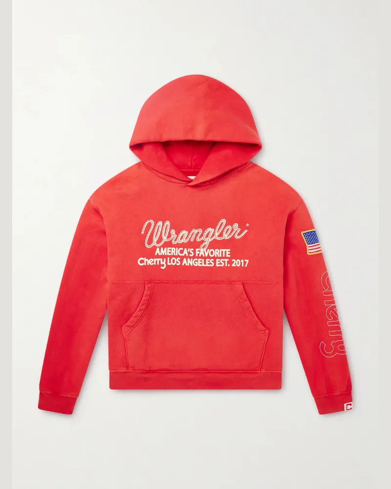 Cherry Los Angeles Wrangler America Favorite Logo-Embroidered Printed Cotton-Fleece Hoodie Red