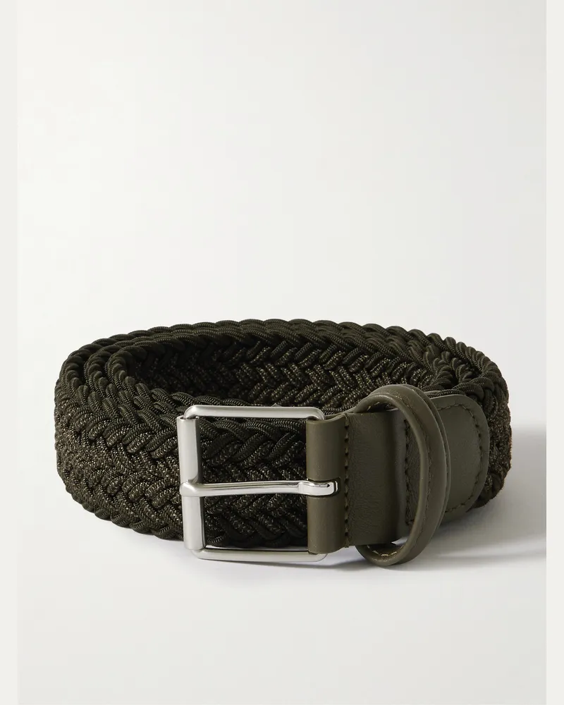 Anderson's 3.5cm Leather-Trimmed Woven Belt Green