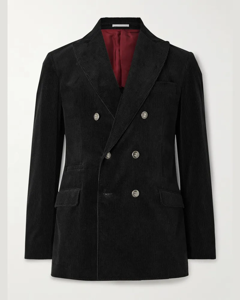 Brunello Cucinelli Double-Breasted Cotton-Blend Corduroy Suit Jacket Black