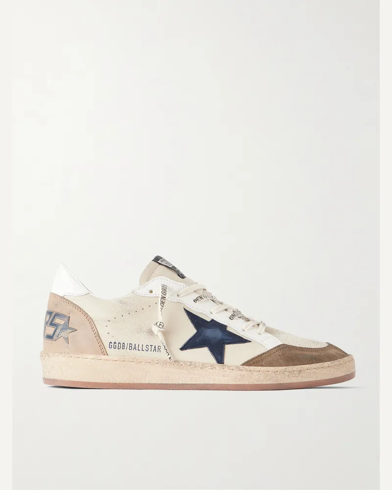 Golden Goose Ball Star Distressed Suede -Trimmed Leather Sneakers Neutrals