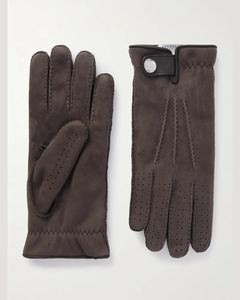 Brunello Cucinelli Handschuhe aus Veloursleder mit Lederbesatz Braun