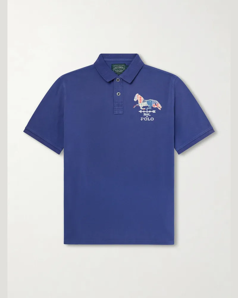 Ralph Lauren Embroidered Cotton-Piqué Polo Shirt Blue