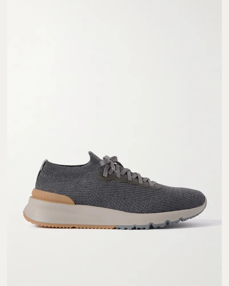 Brunello Cucinelli Leather-Trimmed Stretch-Knit Sneakers Gray