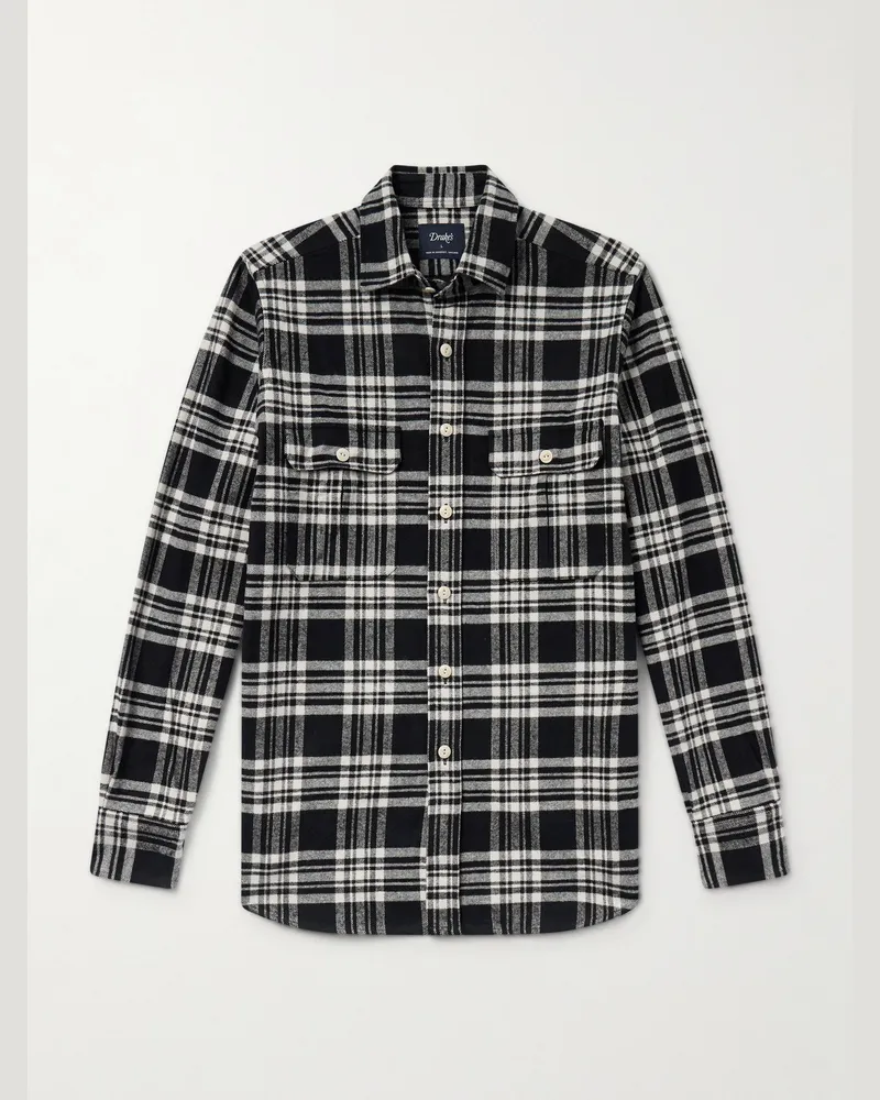 Drake's Kariertes Hemd aus Baumwollflanell Schwarz