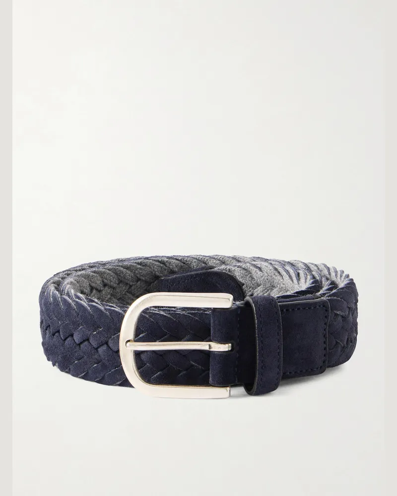 Canali 3cm Woven Suede and Wool  Belt Blue