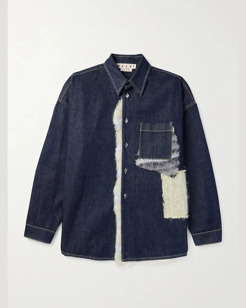 Marni Panelled Mohair-Blend and Denim Shirt Blue