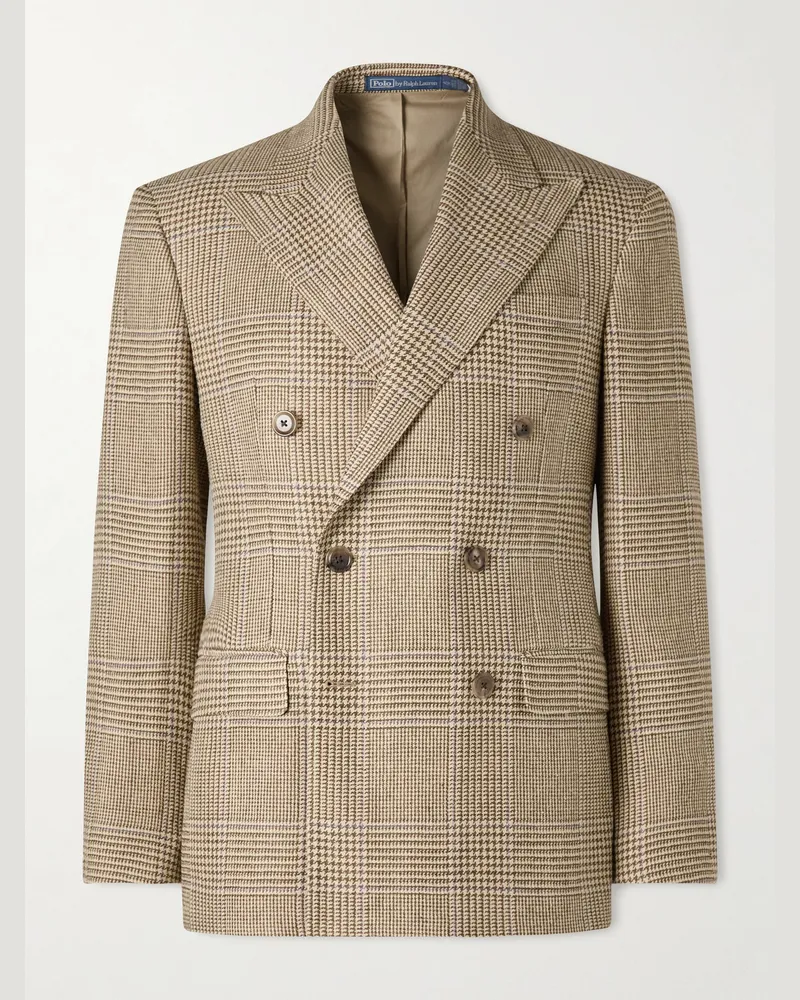 Ralph Lauren Double-Breasted Prince of Wales Checked Silk, Wool and Linen-Blend Blazer Neutrals