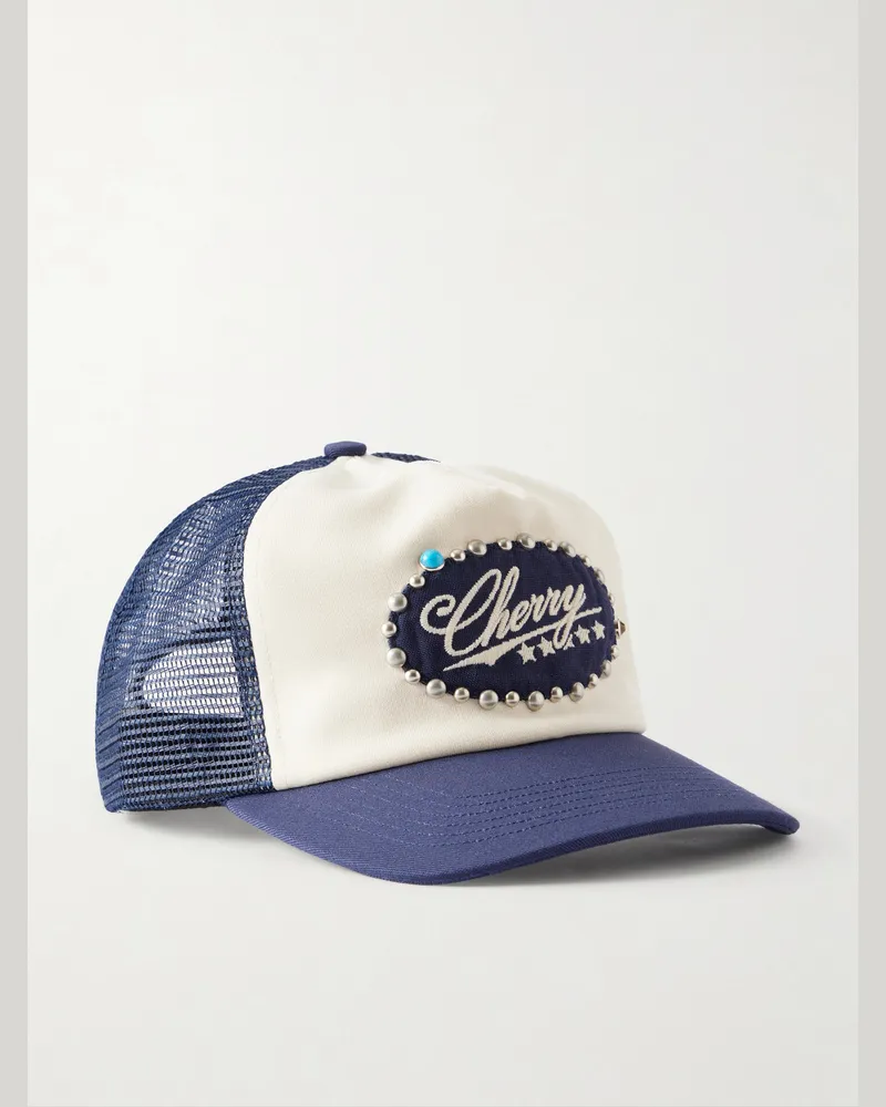 Cherry Los Angeles 6 Star Logo-Embroidered Studded Canvas and Mesh Trucker Cap Blue