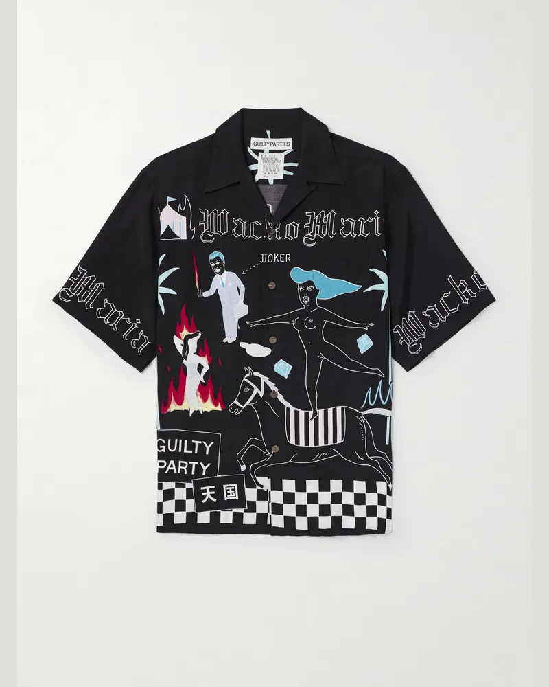 Wacko Maria Convertible-Collar Printed Matte-Satin Shirt Black
