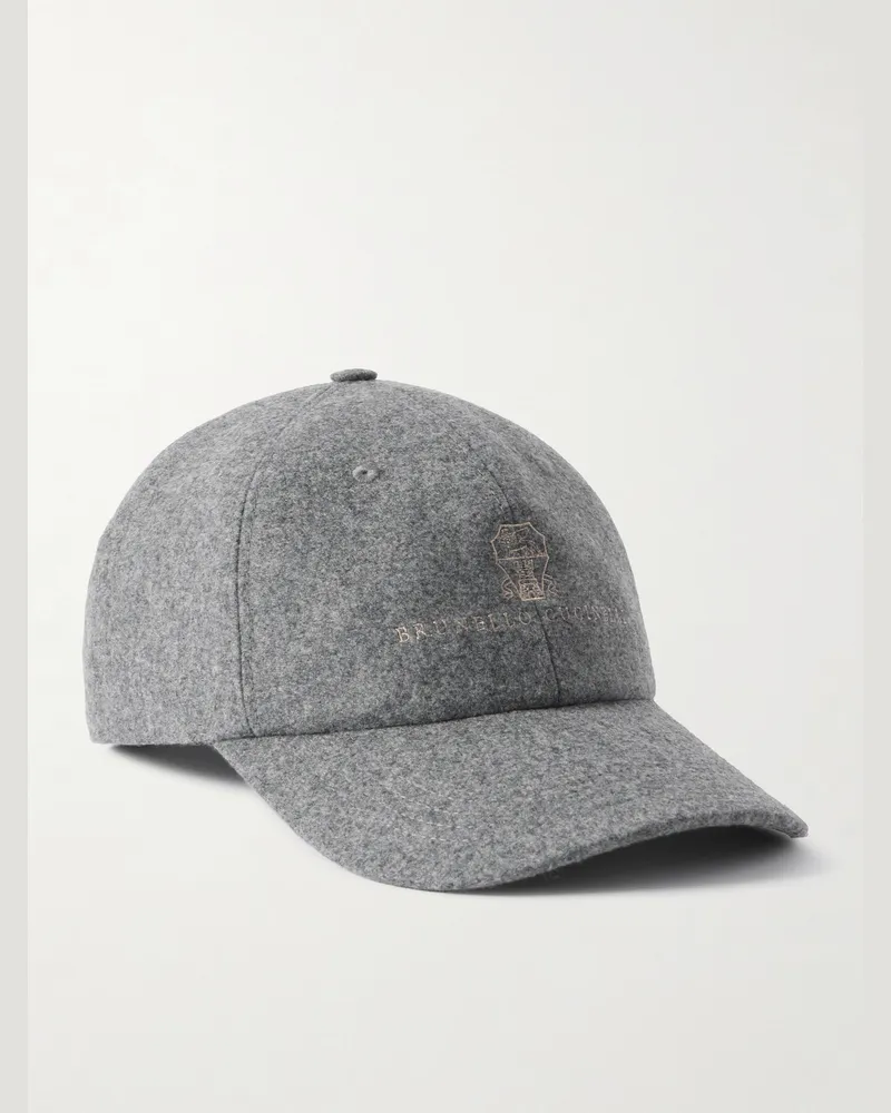 Brunello Cucinelli Logo-Embroidered Leather-Trimmed Wool-Flannel Baseball Cap Gray