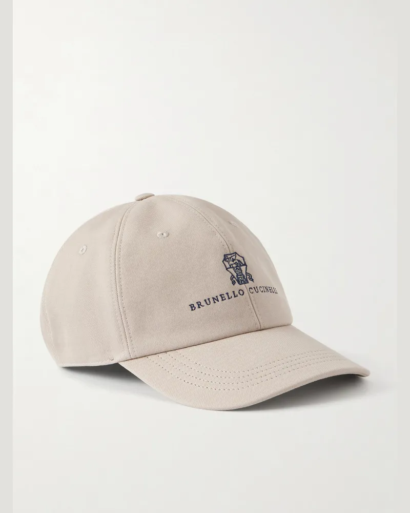 Brunello Cucinelli Logo-Embroidered Leather-Trimmed Cotton-Twill Baseball Cap Neutrals