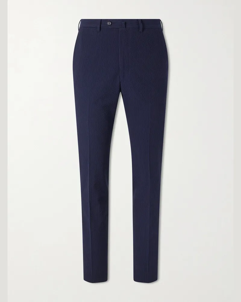 De Petrillo Straight-Leg Cotton-Seersucker Suit Trousers Blue