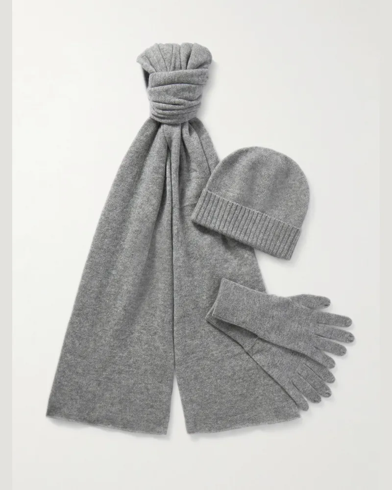 ALLUDE Cashmere Scarf, Beanie and Gloves Set Gray
