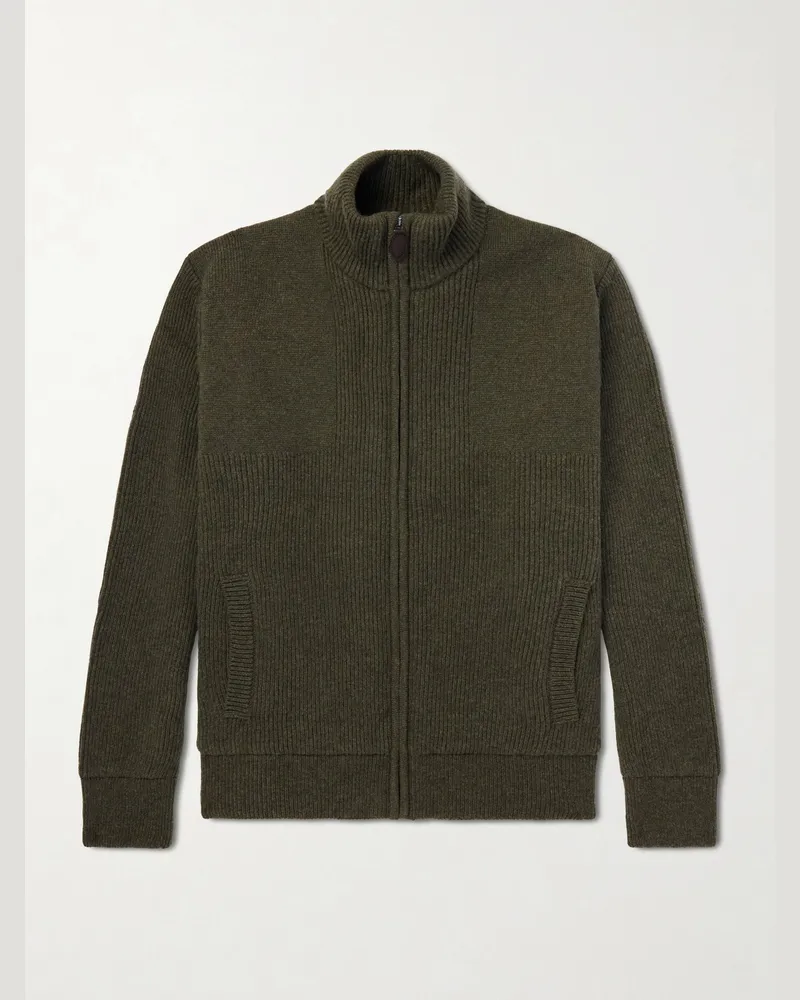 PURDEY Orkney Ribbed-Knit Wool Zip-Up Cardigan Green