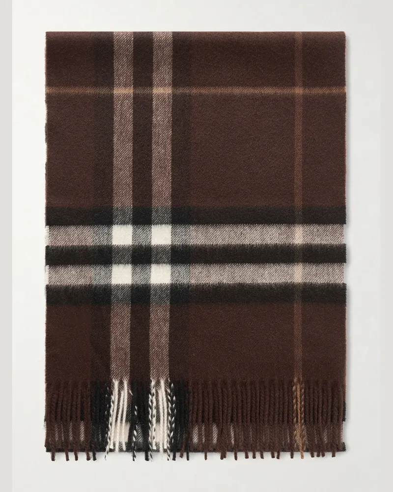 Burberry Fringed Checked Cashmere Scarf Brown