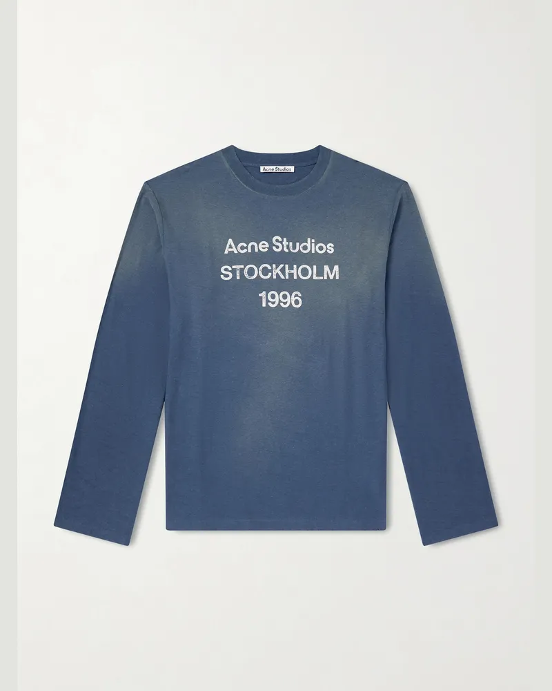 Acne Studios Edden U 1996 Logo-Print Distressed Cotton and Hemp-Blend T-Shirt Blue