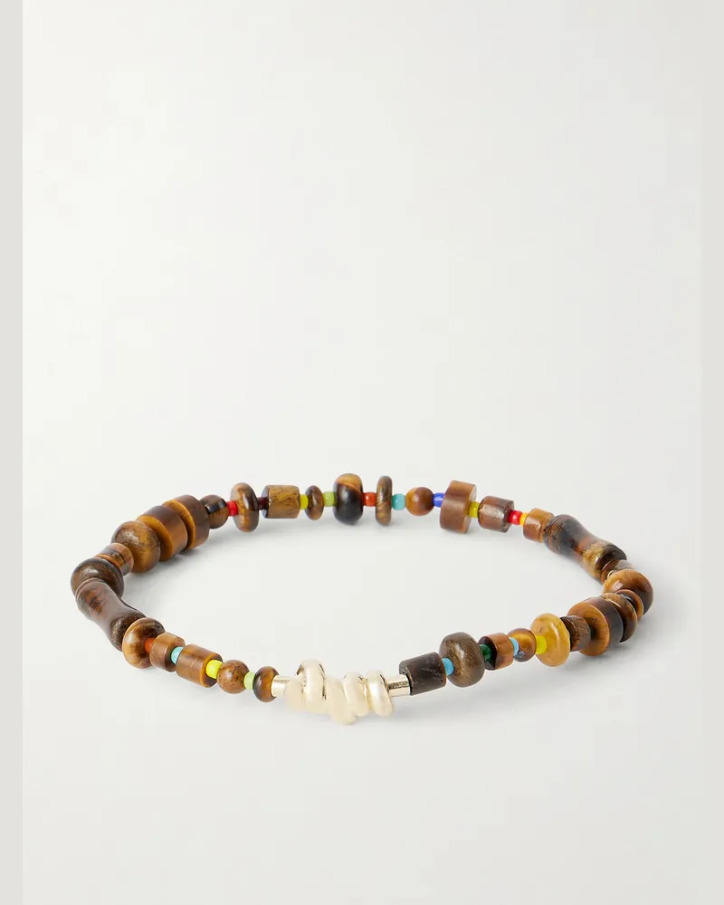 Luis Morais 14-Karat Gold Tiger Eye Beaded Bracelet Brown