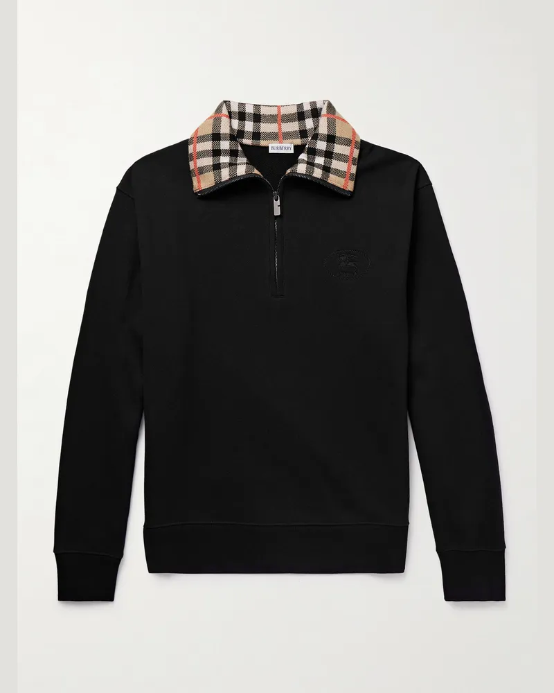 Burberry Sweatshirt aus Baumwoll-Jersey mit Logostickerei, kurzem Reißverschluss und Polokragen aus Jacquard-Strick Schwarz