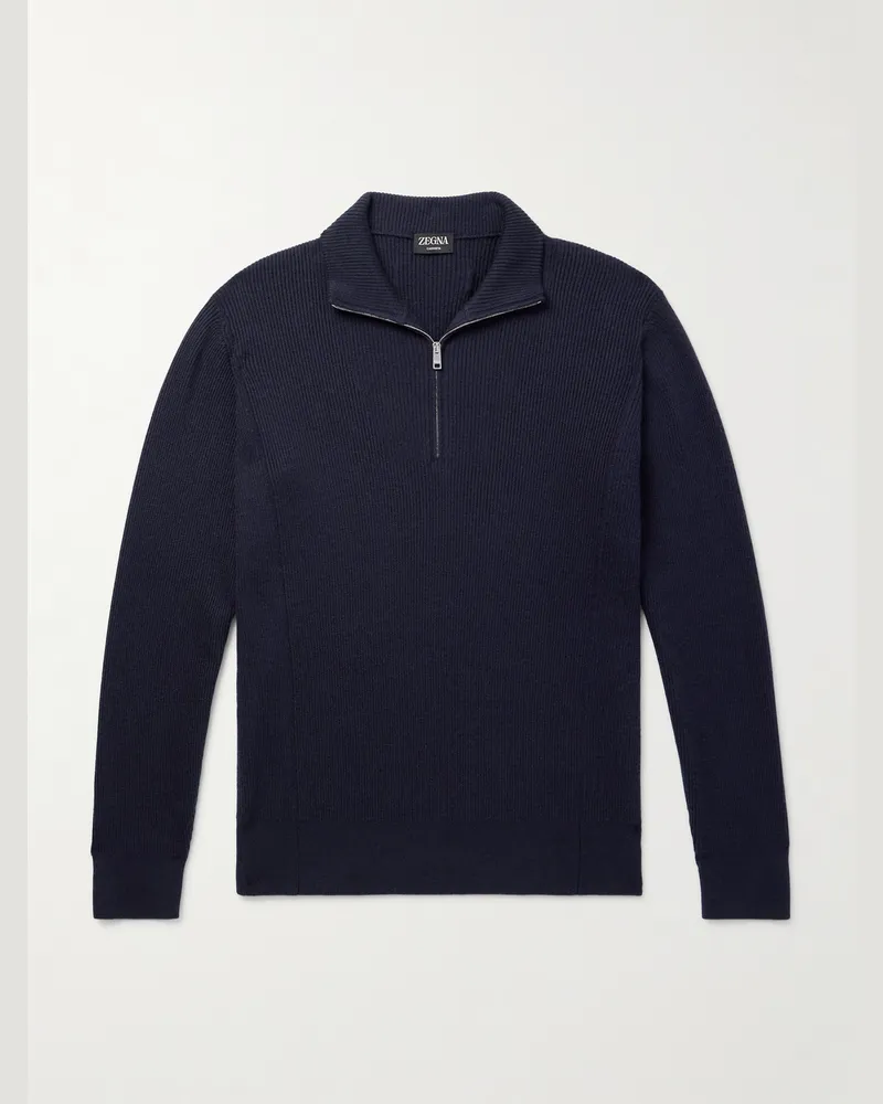 Ermenegildo Zegna Ribbed Cashseta Zip-Up Sweater Blue