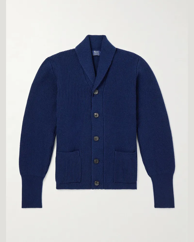 William Lockie Duncan Shawl-Collar Ribbed Merino Wool and Cashmere-Blend Cardigan Blue