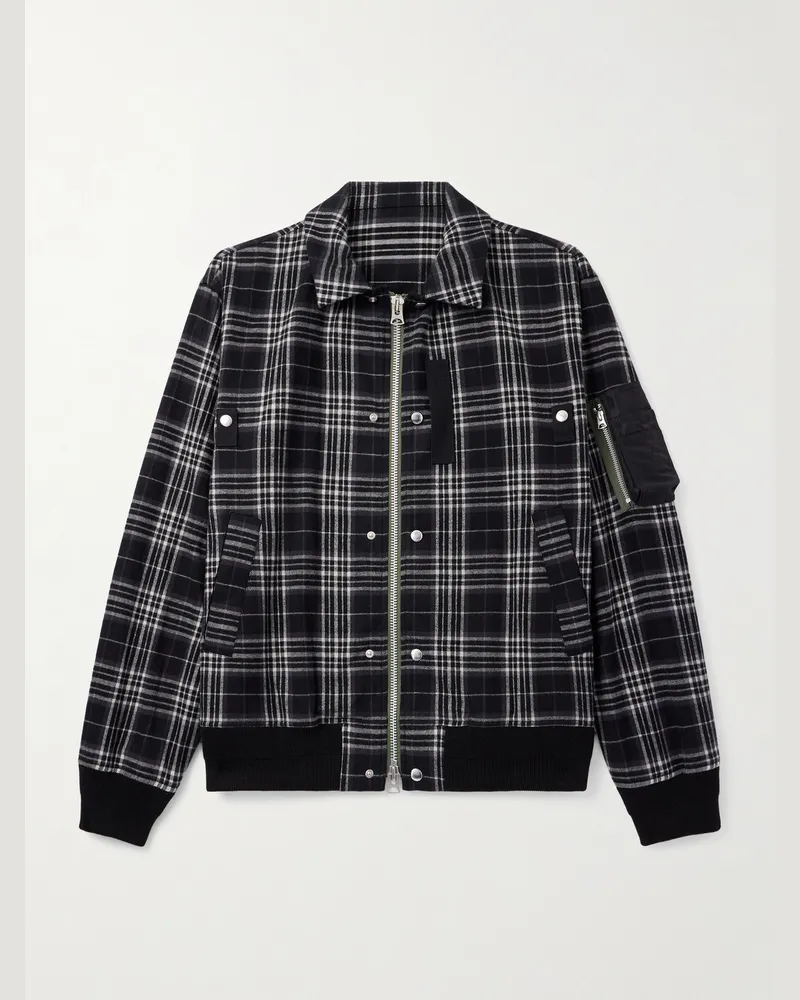 Sacai Wattierter Blouson aus kariertem Baumwollflanell mit Nylon-Besatz Schwarz